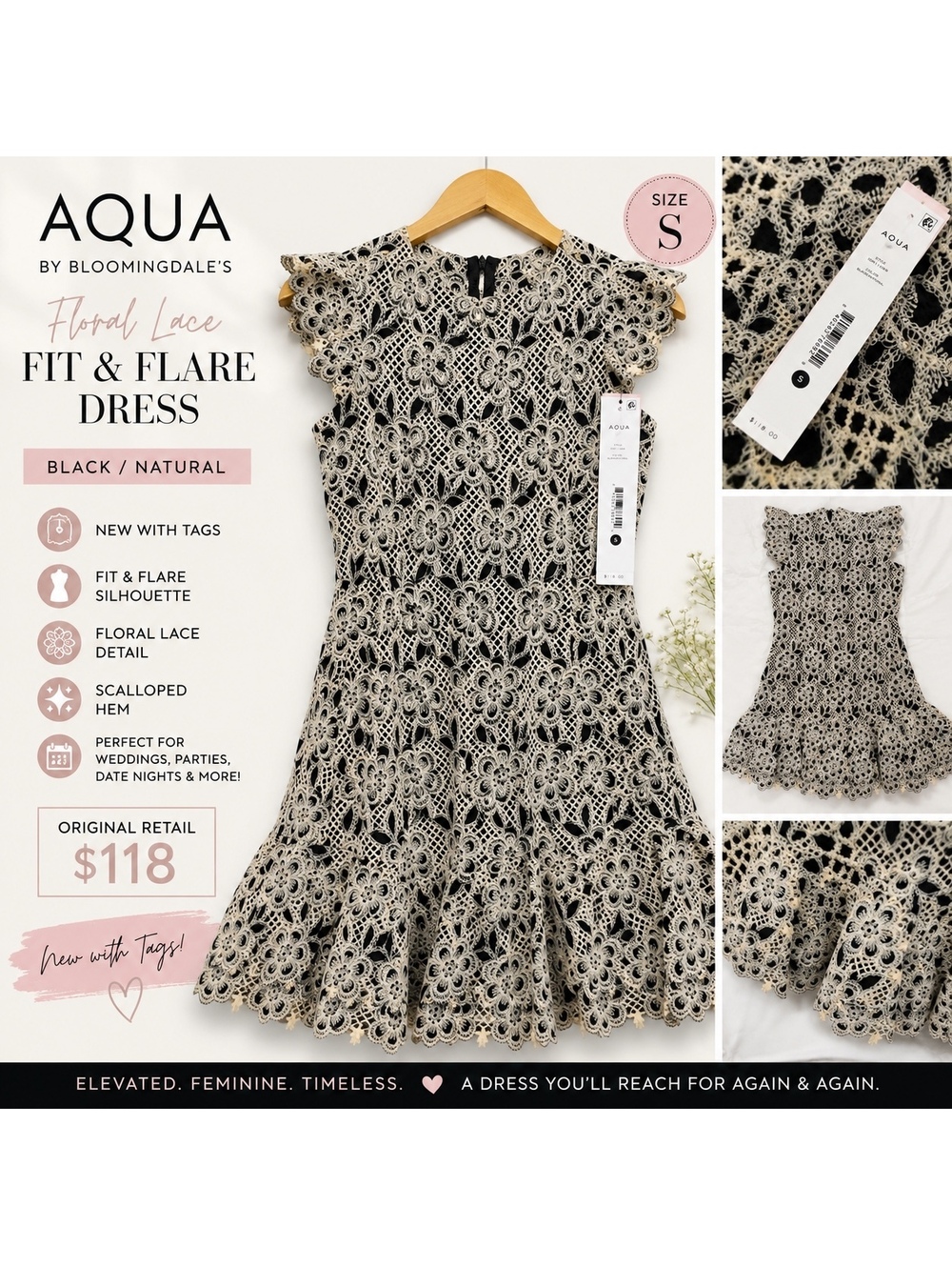 AQUA Bloomingdale’s Floral Lace Fit & Flare Dress Black Natural Size S NWT